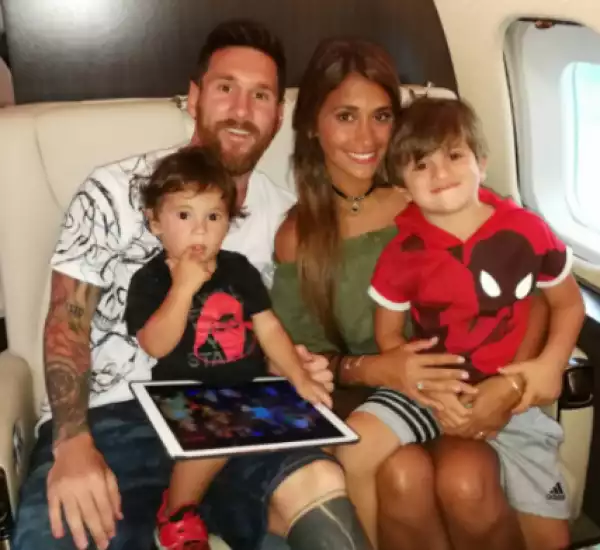 Football Star, Lionel Messi Pictured With His Family Inside A Private Jet